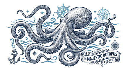 Majestic octopus with nautical anchor and wheel in vintage style © tuyun