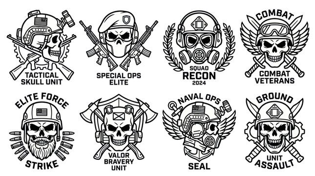 Military tactical skull emblems with combat gear and weapons
