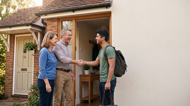 Young Student with Backpack Shaking Hands with Senior Couple at House Entrance