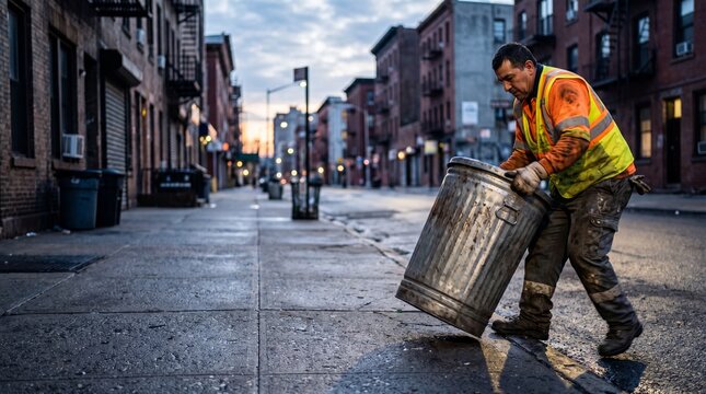 Sanitation worker in safety vest moving a metal trash can on an urban city street at dawn