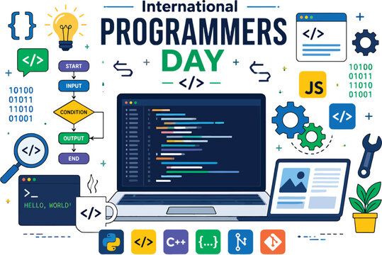 International Programmers Day flat vector illustration featuring a creative arrangement of laptops