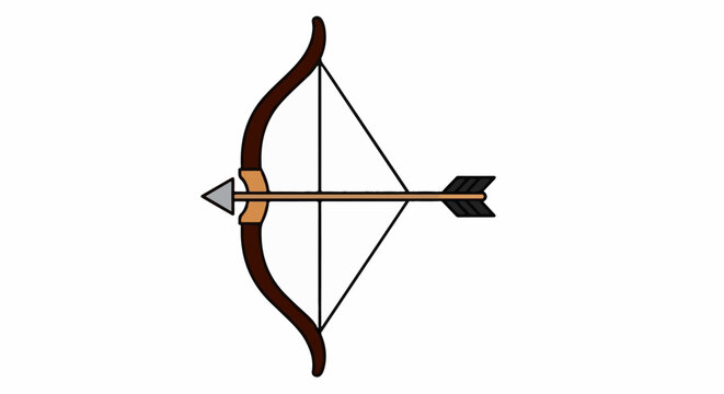 A simple illustration of a brown bow and a wooden arrow with black fletching