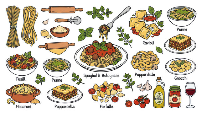 Assorted italian pasta varieties and cooking ingredients collection