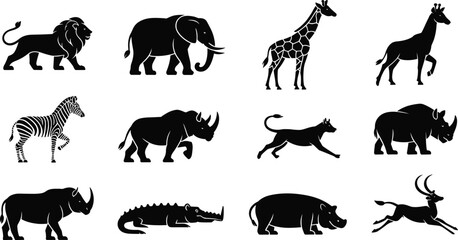Obraz premium African wildlife animal silhouettes including lion, elephant, giraffe, zebra, rhinoceros, crocodile, hippopotamus, antelope, wild dog, nature illustration