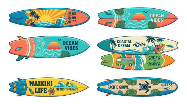 Vintage surfboard collection with tropical beach and coastal designs