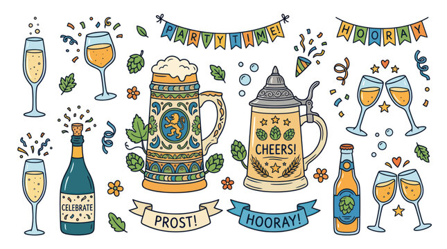 Festive celebration set with beer steins wine glasses and banners