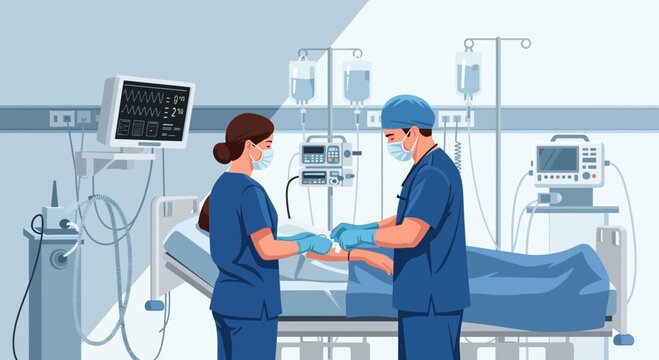 Medical Care: Nurses Attending Patient in Hospital Intensive Care Unit