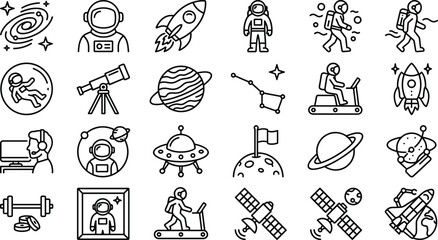 Black and white space exploration line icons, astronaut activities, rocket launch, galaxy swirl, telescope, UFO, science fiction design set © MdShamsrAli
