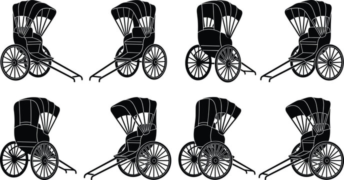 Black silhouette traditional rickshaw icons, human‑powered transport, vintage Asian vehicle, canopy seat, spoked wheels, cultural commute design illustration set