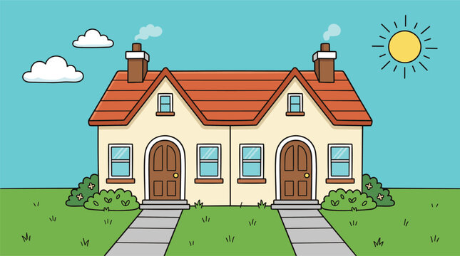 Cartoon duplex house illustration, suburban home, red roof, chimneys, windows, green lawn, sunny sky, cheerful residential architecture design