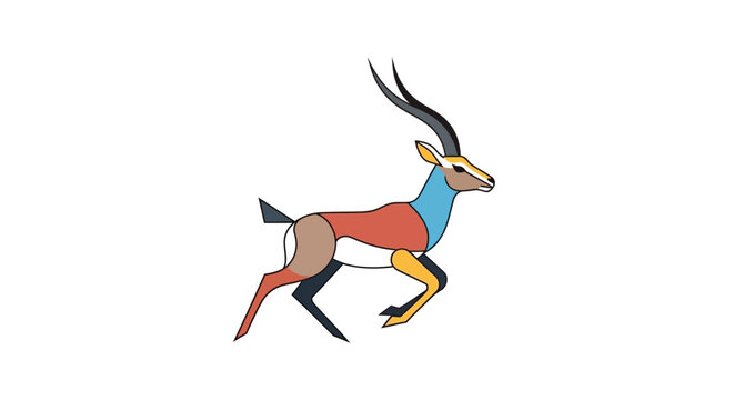 Colorful geometric gazelle antelope jumping on white background.