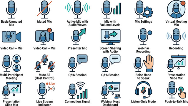 Online meeting and video conference microphone icons set including mute webinar streaming screen sharing line vector illustration