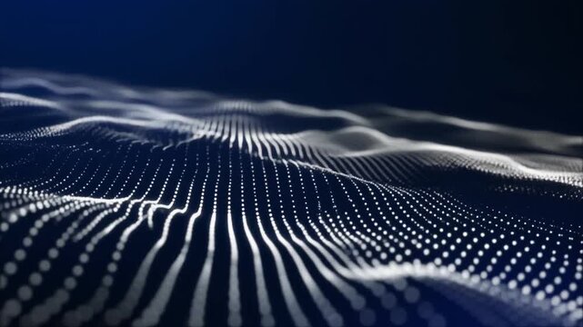 White dotted wave surface on dark blue background, symbolizing data visualization, digital landscapes, and wave propagation.