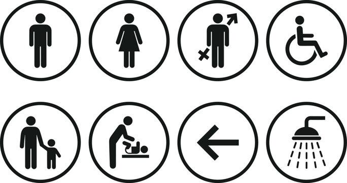 Restroom public toilet circle sign icon vector set bathroom male female gender neutral handicap wheelchair family shower arrow direction