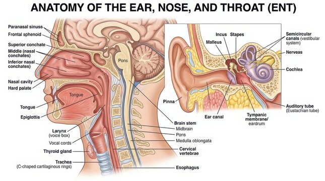 Anatomy diagram of human ear nose and throat ent system illustration