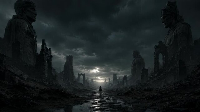 Lone rider moves through a ruined ancient valley with giant stone statues under a stormy sky. Dark fantasy scene of a traveler in a desolate wasteland landscape.