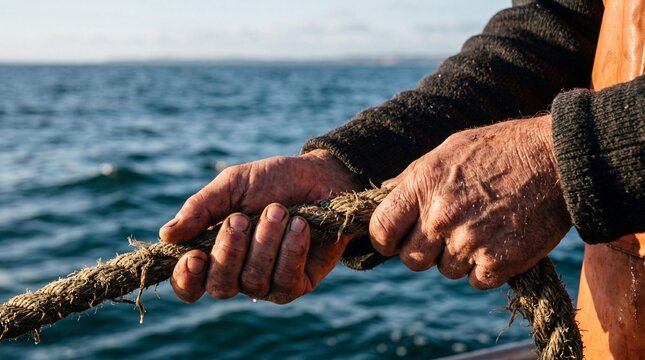 Close-up of a fisherman's weathered hands pulling a thick rope on a boat at sea