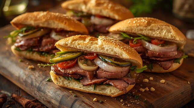 Delicious Italian Subs on Wooden Cutting Board