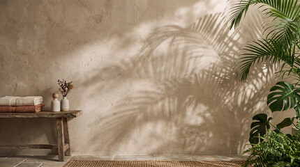 Tropical Palm Leaves Casting Shadows on a Textured Wall with a Rustic Bench and Plants