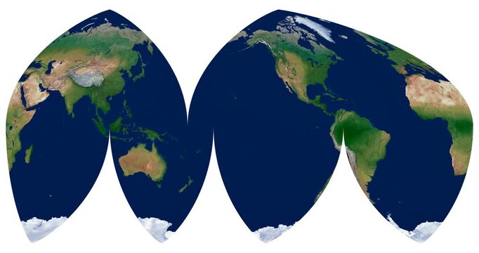 World Map. Boggs interrupted eumorphic projection. High detail physical map of Earth. Animation of longitude rotation.