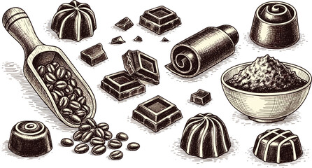 Gourmet chocolate vector set featuring detailed vintage engraving sketches of truffles cocoa powder bowl pieces and coffee beans scoop © HELEN QUEEN