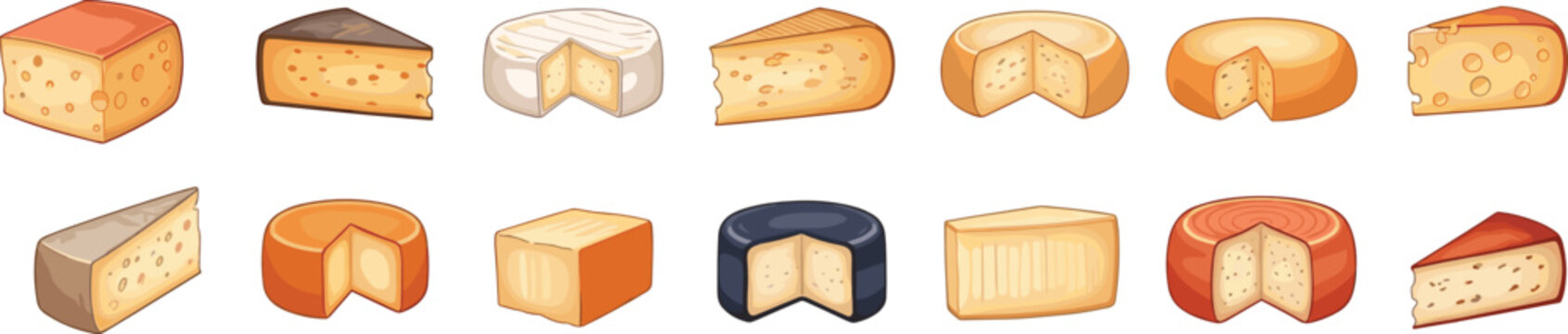 Gourmet cheese vector mega set featuring a large assortment of dairy products including swiss brie maasdam gouda wheels and slices