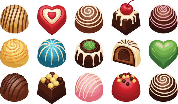 Chocolate candy vector set featuring assorted luxury pralines truffles with cherry frosting swirls and colorful heart shaped sweets