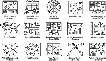 Aviation management and flight operations outline icons set including air traffic control radar logistics tracking line vector illustration © Sujon Shah