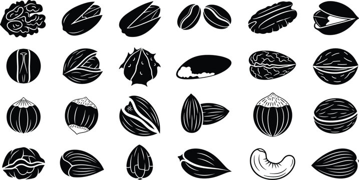 Black silhouette nuts vector set featuring almond walnut pistachio cashew hazelnut and pecan icons for food design and packaging
