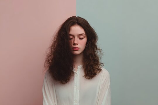 Split screen portrait of a woman in pastel pink and blue background showing duality for minimalist portrait background and design