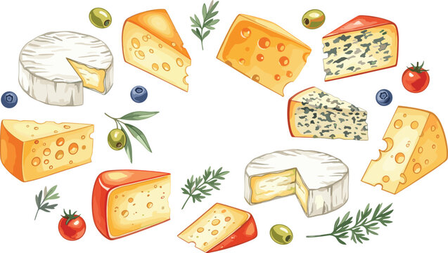 Gourmet cheese vector collection featuring watercolor style assortment of brie maasdam blue cheese gouda olives and tomatoes on clean white illustration