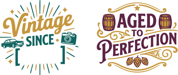 Fototapeta premium Two vintage style emblems retro car camera and whiskey barrel with hops illustration