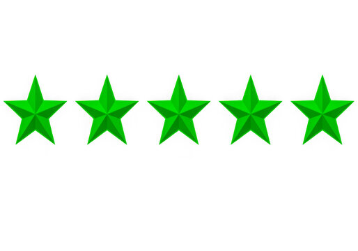 Five green star rating icons in a row isolated on transparent background