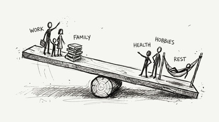 Naklejka premium Work life balance concept with family and personal aspects on a seesaw
