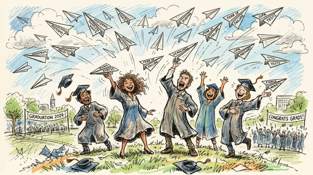 Graduates celebrate throwing caps surrounded by stress concepts