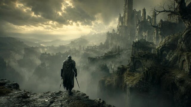 Knight standing on a cliff overlooking a ruined stone castle. Dark fantasy world with moody fog and ancient architecture. Epic warrior observing wasteland landscape.