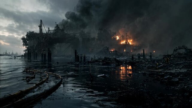 Massive oil rig fire and coastal disaster. Industrial station burning with thick smoke over ocean. Catastrophic explosion and environmental pollution scene crisis.