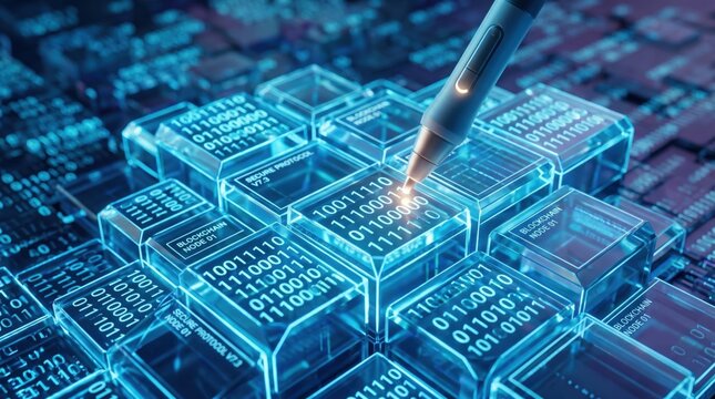 Futuristic blockchain technology concept with transparent data blocks, digital pen writing binary code on glass cubes, secure protocol nodes, cryptography