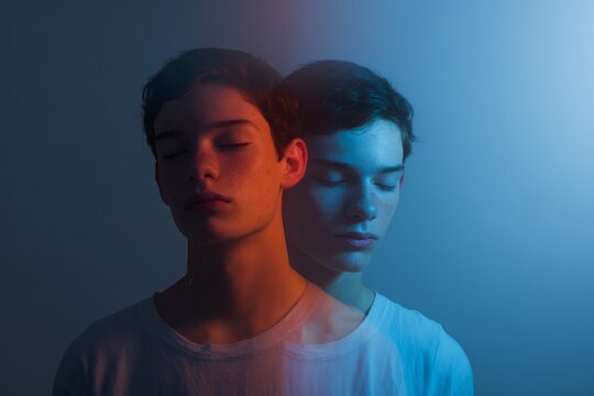 Split reflection portrait of a teenage boy with double exposure mirror effect in blue and red lighting for conceptual poster and art background