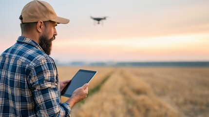 Fototapeta premium Farmer using tablet in harvested wheat field at sunrise with drone flying above, showcasing precision agriculture technology in action