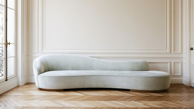 Modern curved sofa in a Parisian apartment living room with elegant wooden flooring and large windows allowing natural light