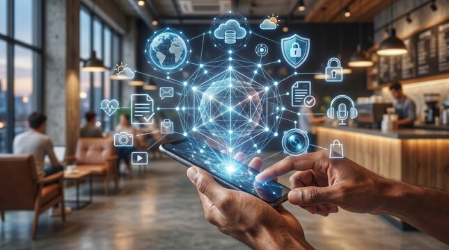 Futuristic smartphone interface with holographic digital icons, global network connection, cloud computing, data security