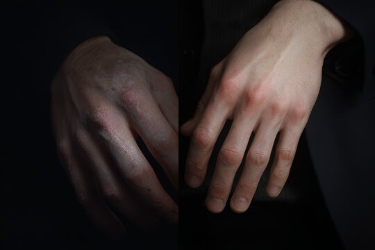 Close-up left hand diptych with split lighting showing contrast between shadowed and lit skin for editorial background and moody banner