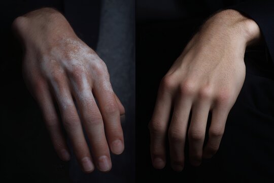 Split left hand closeup showing contrasting skin textures and tones for duality background and conceptual poster design