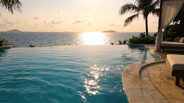 Serene infinity pool overlooking ocean at sunset with palm trees and lounge chairs on a stone deck in a tropical setting.