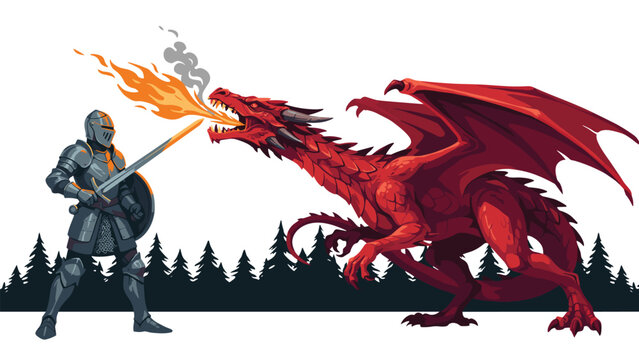 Knight in silver armor holding sword facing large red dragon breathing fire in dark forest setting for fantasy adventure storytelling and epic battle concept.