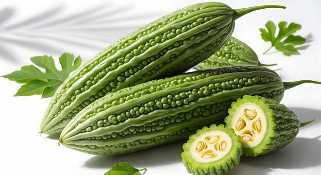 Fresh bitter melon or bitter gourd with slices isolated on a white background