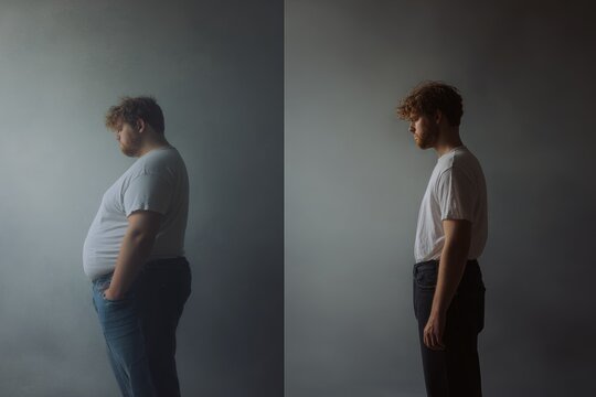 Dual full body comparison of same person before and after weight change in casual clothes for health awareness poster and editorial background