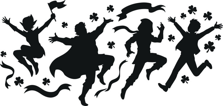  Silhouette of leprechauns and fairy dancing with shamrocks for Saint Patricks Day holiday minimal vector illustration banner