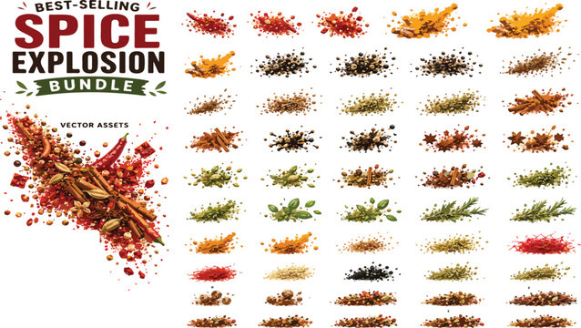 Spice Explosion Bundle, large collection of culinary herbs and seasoning splashes, colorful food powder and condiment vector assets for menu design
